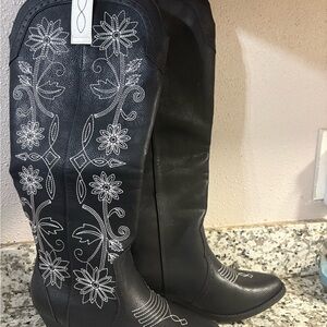 Sugar Black Heeled Boots with White Floral Embroidery